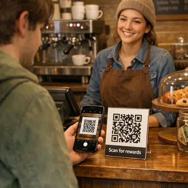 Customer scanning QR code at point of sale counter