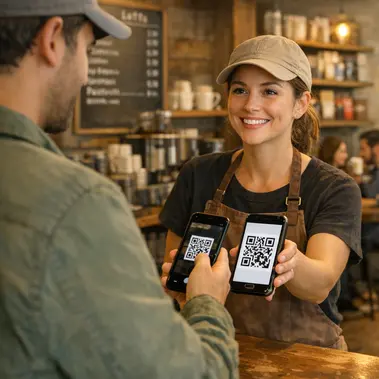 Customer scanning QR code on staff member's phone