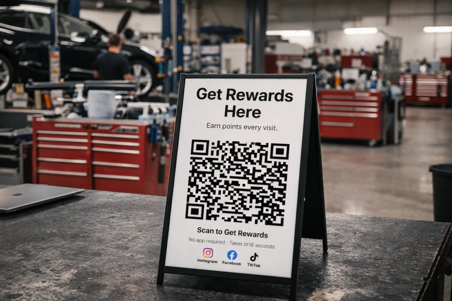 Detailing workspace with QR stand for customer scans