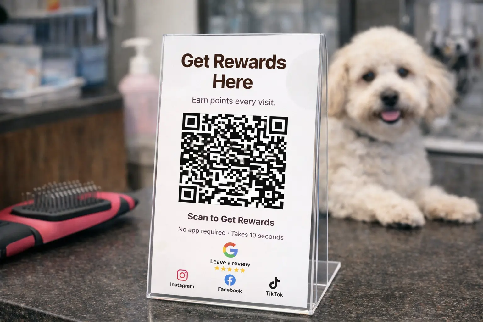 QR code stand on a pet grooming shop counter for customer check-in