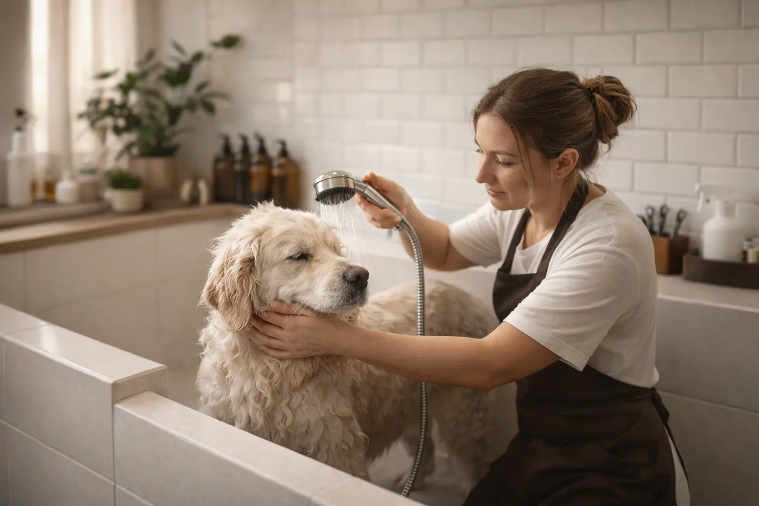 Dog being groomed at a salon