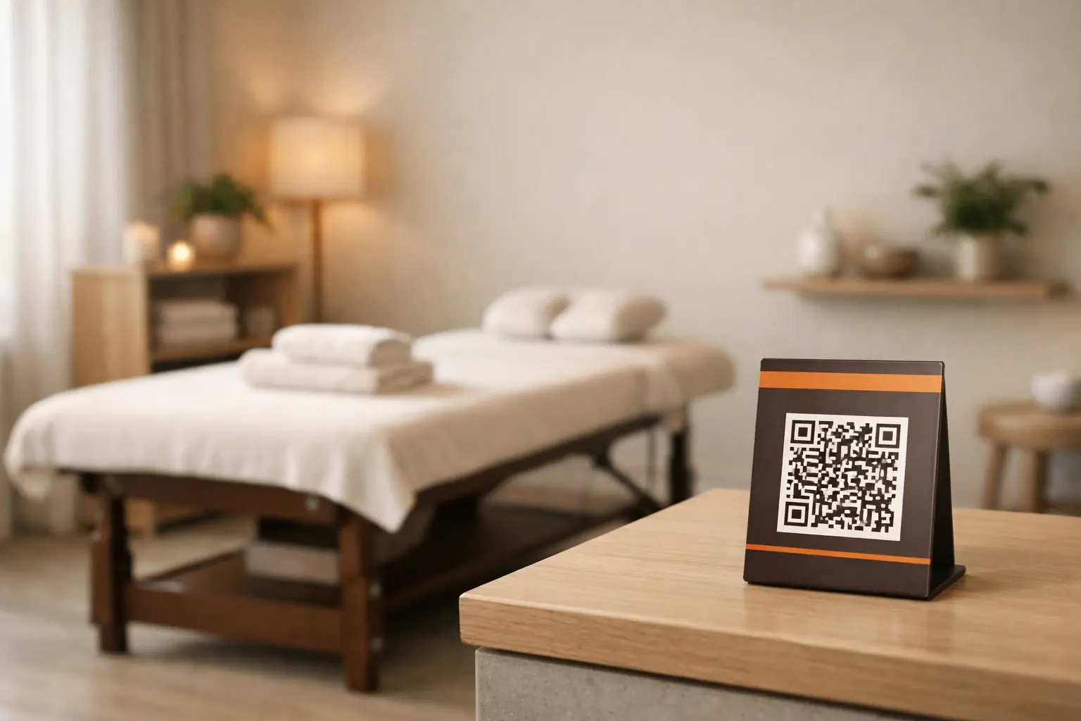 Calm treatment room with massage table or physio setup and QR stand on a desk